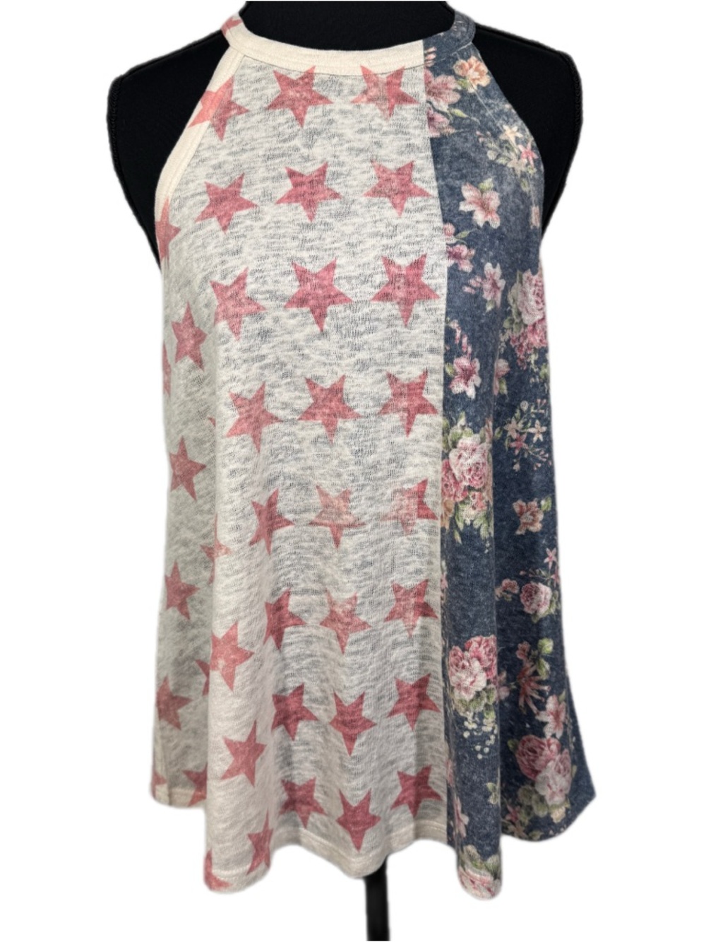 I.JOAH Patriotic Star Floral Halter Tank Top Medium Lightweight Knit